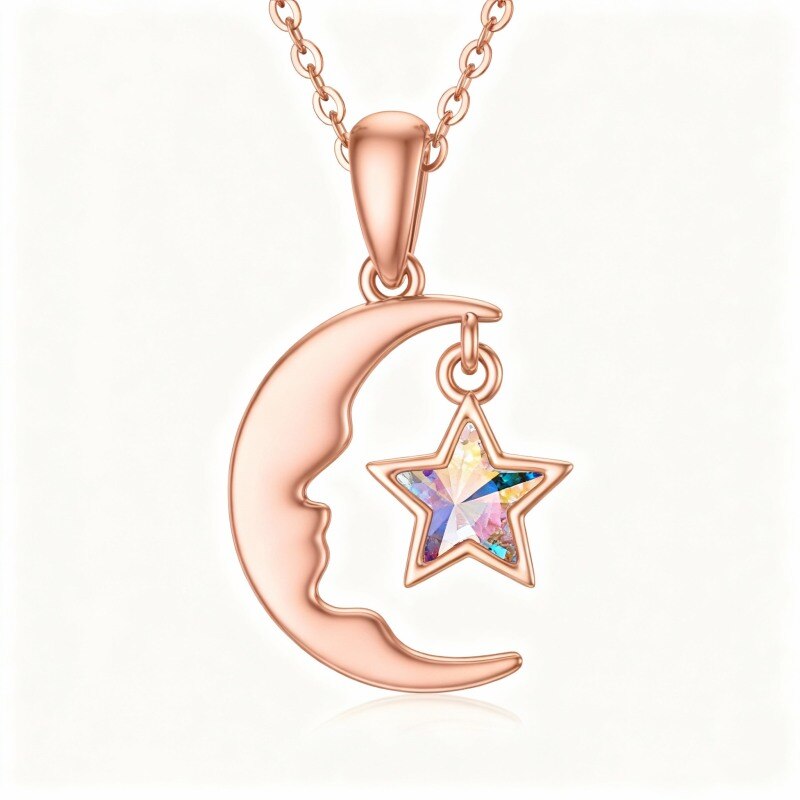 Collar con colgante de luna y estrella de cristal en oro rosa de 14 quilates-1