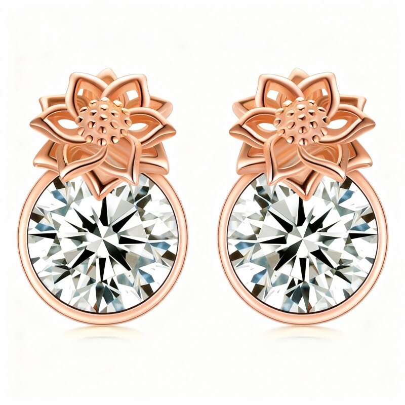 10K Rose Gold Crystal & Personalized Birthstone Sunflower Stud Earrings-1