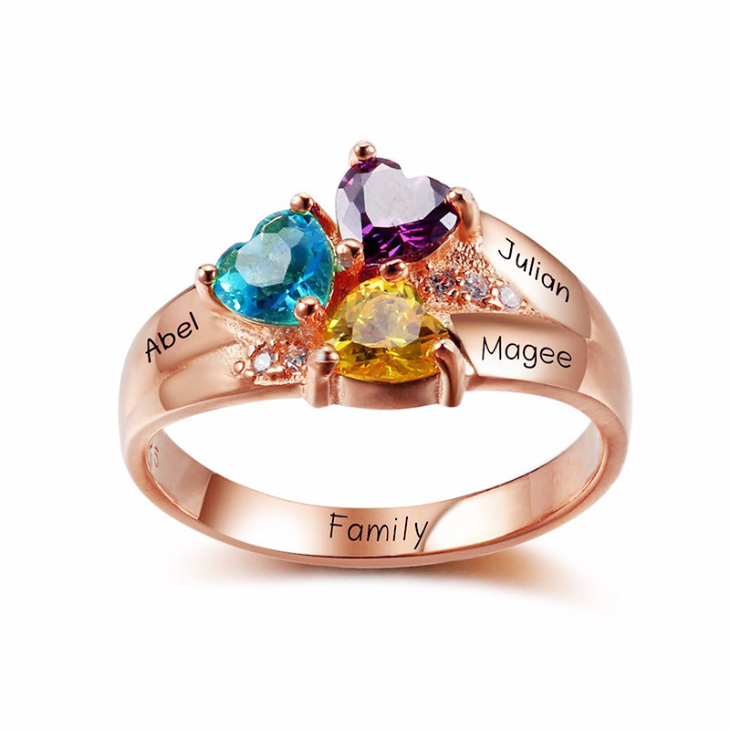 Anillo clásico personalizado con nombre y cristal en oro rosa de 18 quilates-1