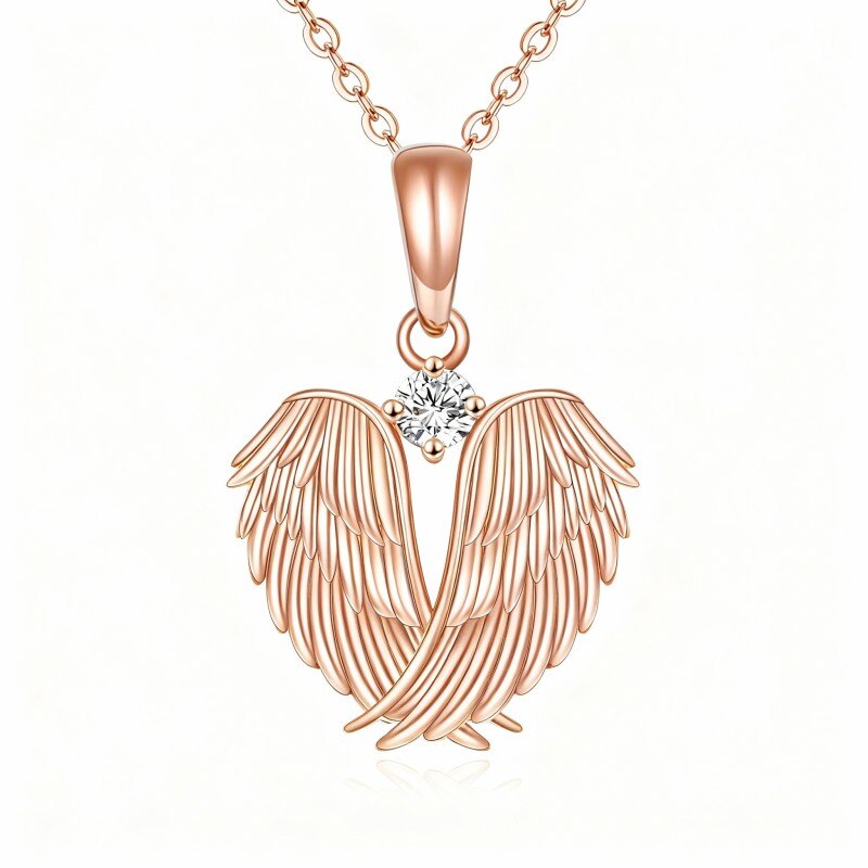 Halskette aus 10-karätigem Roségold mit Zirkonia-Engelsflügel- und Herzanhänger-1
