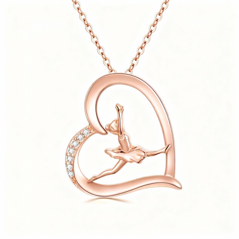18K Rose Gold Cubic Zirconia Ballet Dancer & Heart Pendant Necklace-1