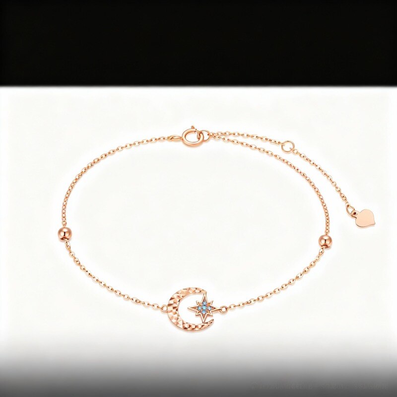 Pulsera de oro rosa de 18 quilates con cuentas de circonita cúbica y dije de luna y estrella-1