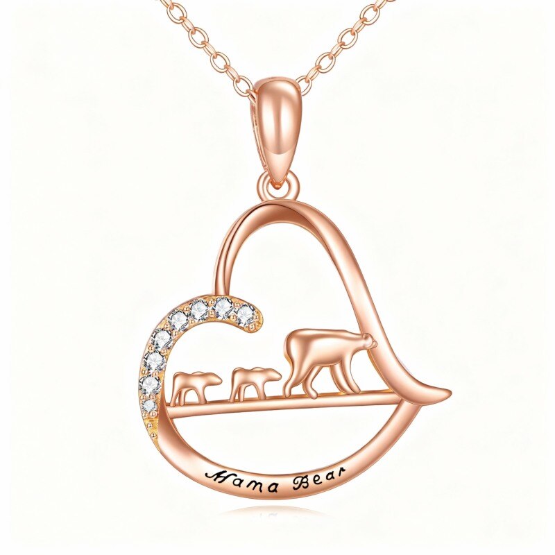 14K Rose Gold Cubic Zirconia Bear & Parents & Children & Heart Pendant Necklace with Engraved Word-1