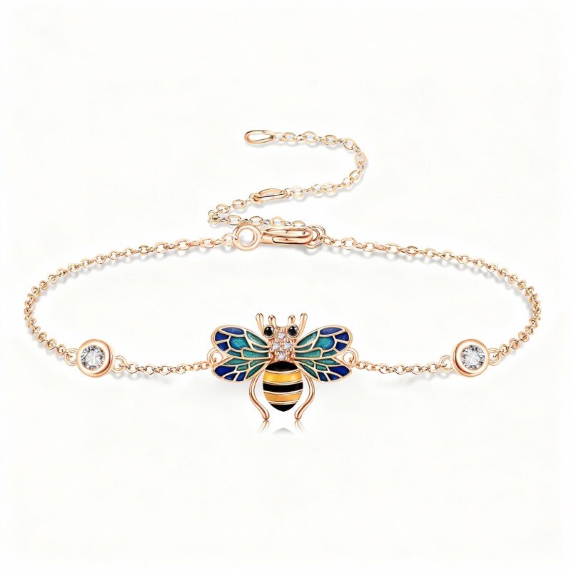 Pulsera con dije de abeja de oro rosa de 10 quilates y circonitas cúbicas-1