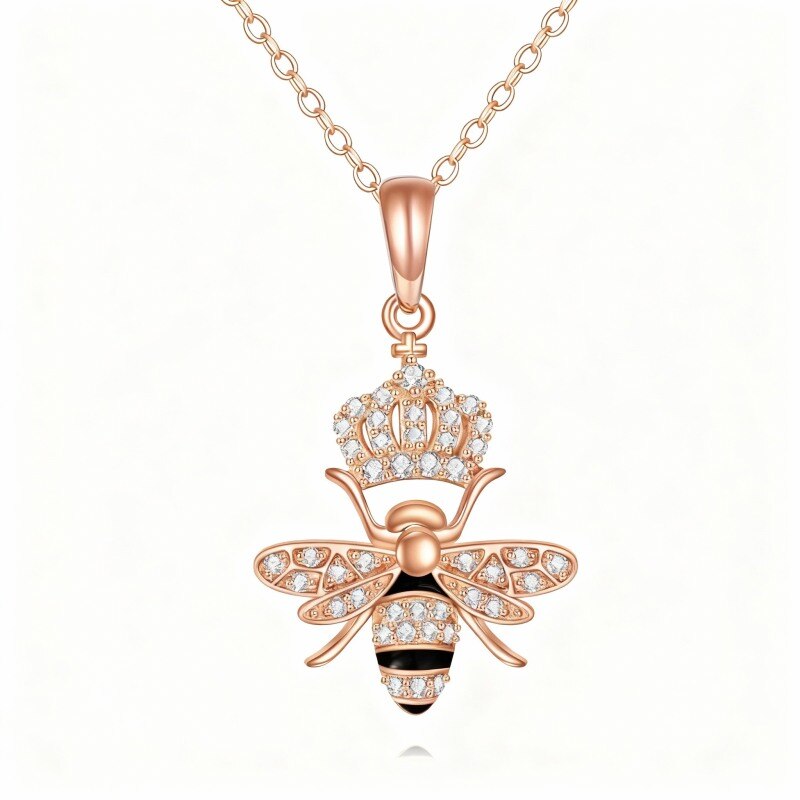 10K Rose Gold Cubic Zirconia Bee & Crown Pendant Necklace-1