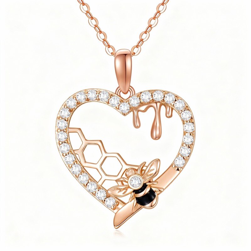 Collar con colgante de abeja, corazón y panal de abeja en oro rosa de 14 quilates con circonitas cúbicas-1