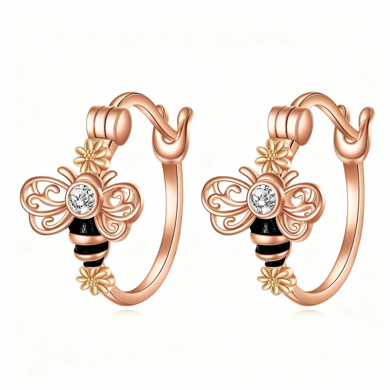 Boucles d'oreilles créoles abeille en or rose 10 carats et zircon cubique-1