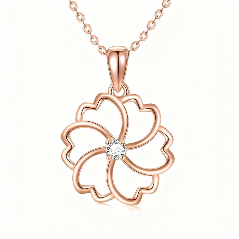 18K Rose Gold Cubic Zirconia Birth Flower Pendant Necklace-1