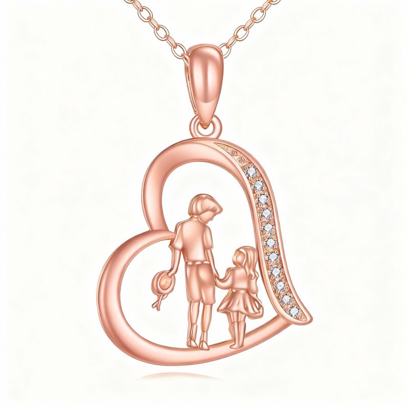 Collar con colgante de corazón y hermano en oro rosa de 10 quilates con circonitas cúbicas-1