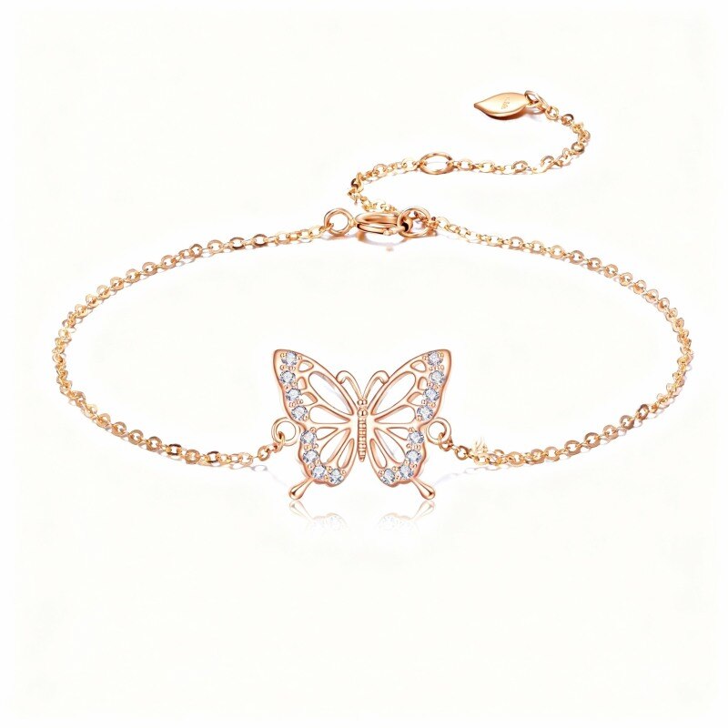 Pulsera con dije de mariposa de circonita cúbica en oro rosa de 14 quilates-1