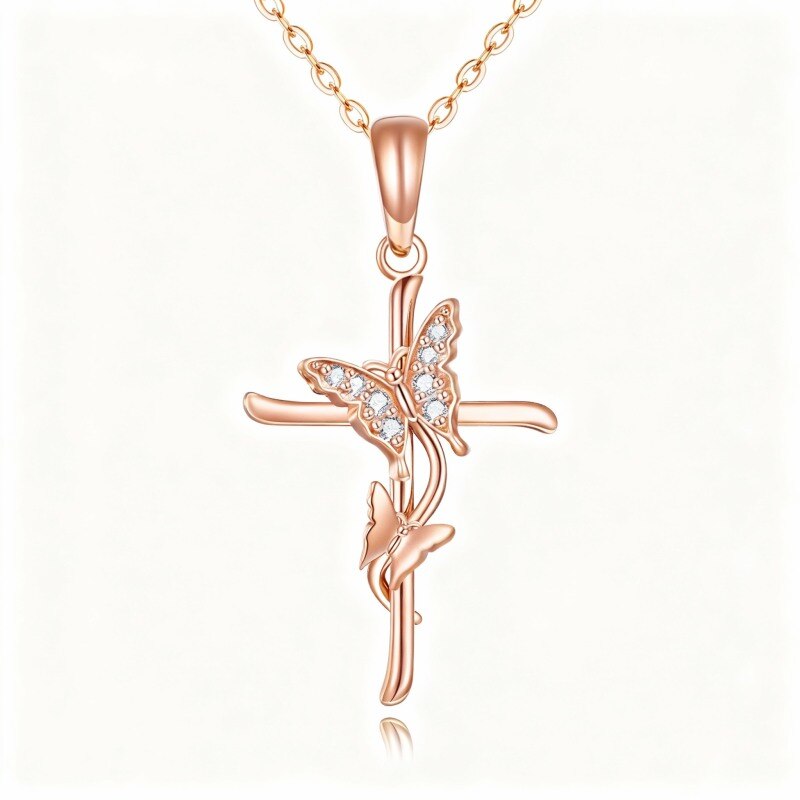 10K Rose Gold Cubic Zirconia Butterfly & Cross Pendant Necklace-11
