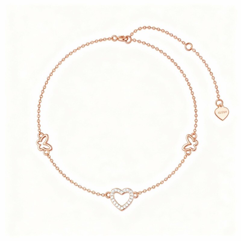 Pulsera de oro rosa de 10 quilates con dije de mariposa y corazón y circonitas cúbicas-1