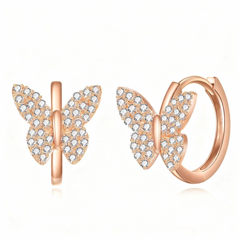 Boucles d'oreilles créoles papillon en or rose 14 carats et zirconiums cubiques-1