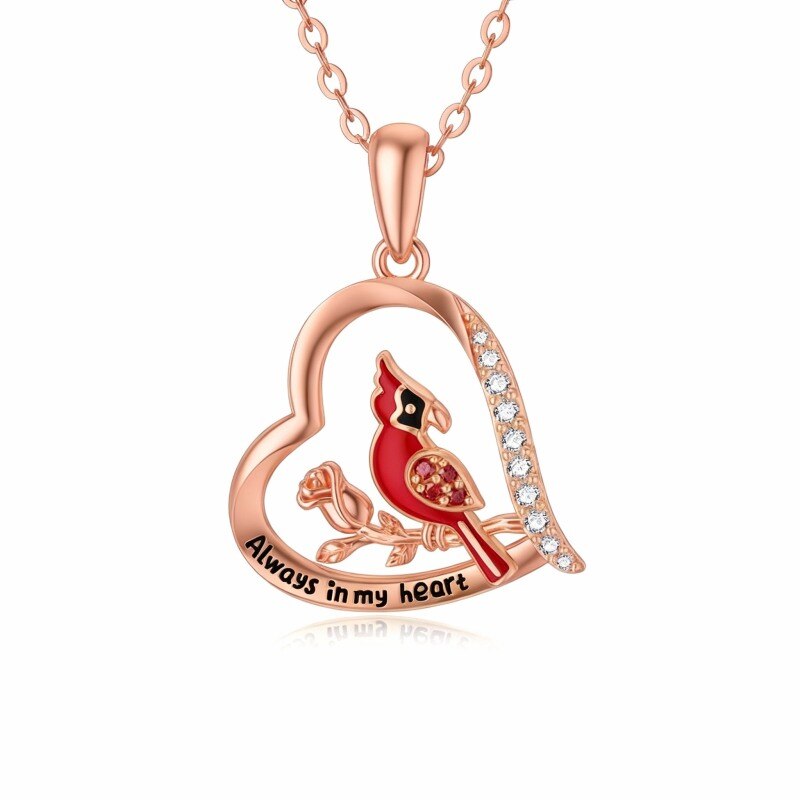 Collar con colgante de cardenal, rosa y corazón en oro rosa de 10 quilates con circonitas cúbicas y palabra grabada-1