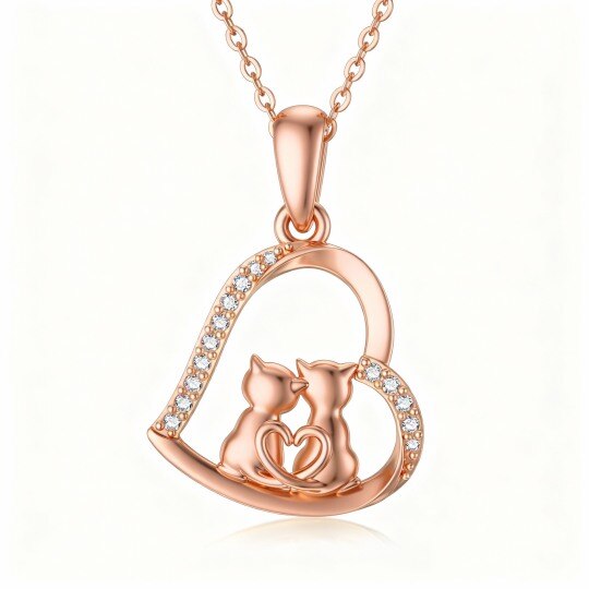 10K Rose Gold Cubic Zirconia Cat & Heart Pendant Necklace