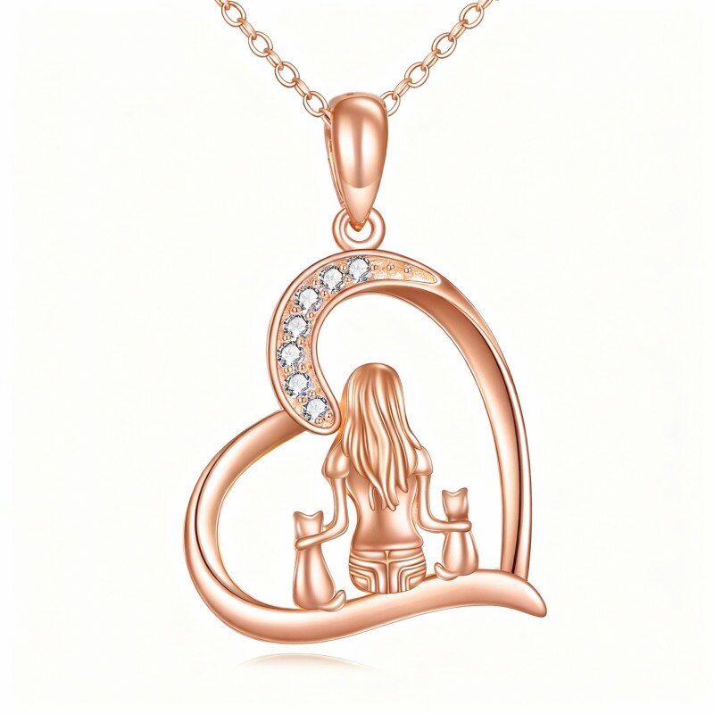 Collar con colgante de gato y corazón en oro rosa de 18 quilates con circonitas cúbicas-1