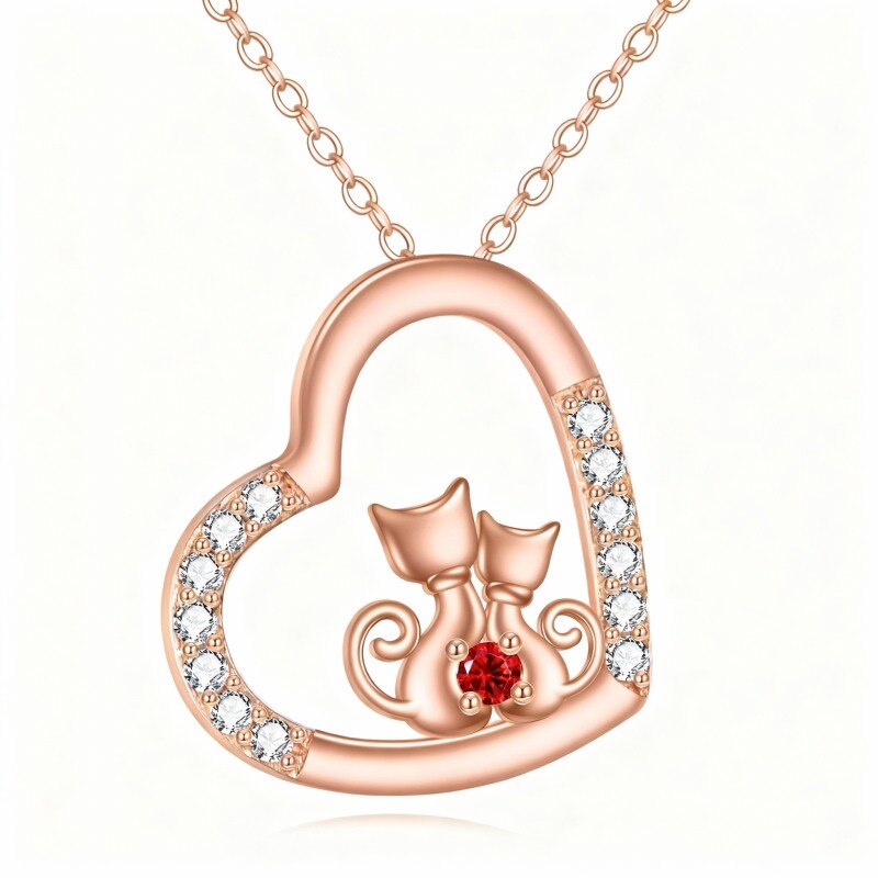 Halskette aus 10-karätigem Roségold mit Zirkonia-Katzen- und Herzanhänger-1