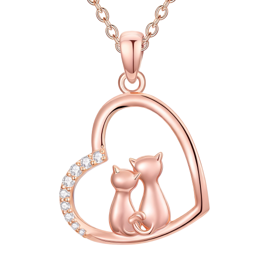 Ketting met hanger in de vorm van een kat en een hartje, bezet met 10 karaats roségoud en kubische zirkonia.