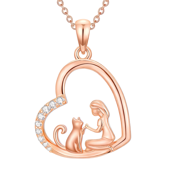 Ketting met hanger in de vorm van een kat en een hartje, bezet met 10 karaats roségoud en kubische zirkonia.