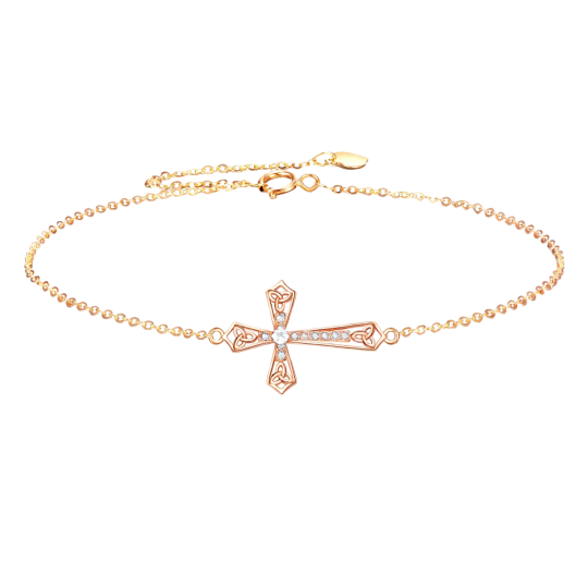10K Rose Gold Cubic Zirconia Celtic Knot & Cross Charm Bracelet