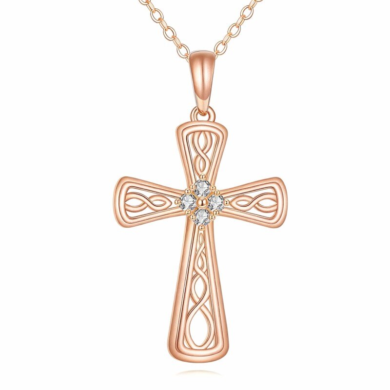 Collar con colgante de nudo celta y cruz en oro rosa de 14 quilates con circonitas cúbicas-1