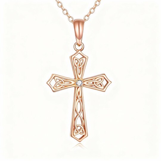 Halskette mit keltischem Knoten- und Kreuzanhänger aus 10-karätigem Roségold und Zirkonia