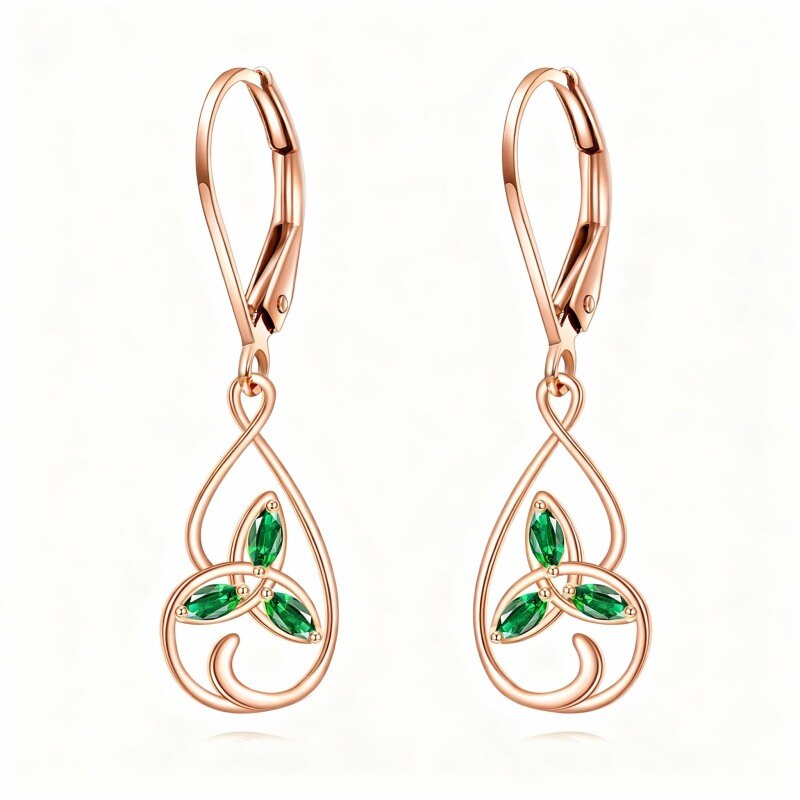 Boucles d'oreilles à fermoir à levier en or rose 14 carats et zirconiums cubiques, motif nœud celtique-1