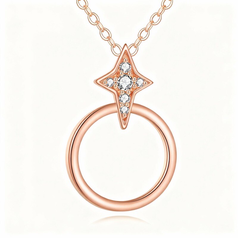 Collar con colgante de círculo y estrella de circonita cúbica en oro rosa de 14 quilates-1