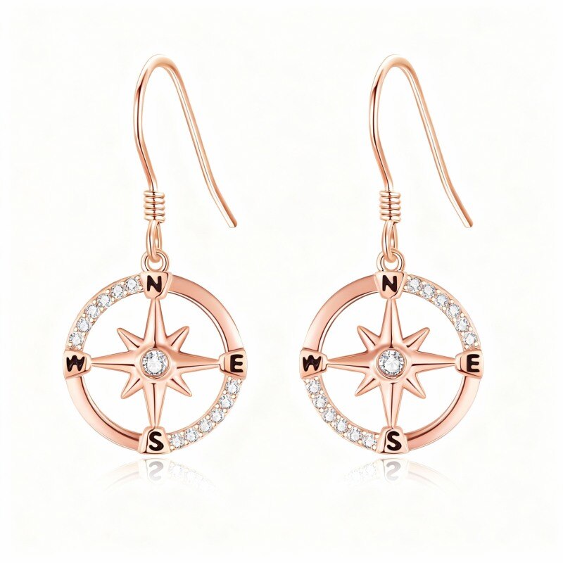 Pendientes colgantes de brújula con circonitas cúbicas en oro rosa de 18 quilates-1