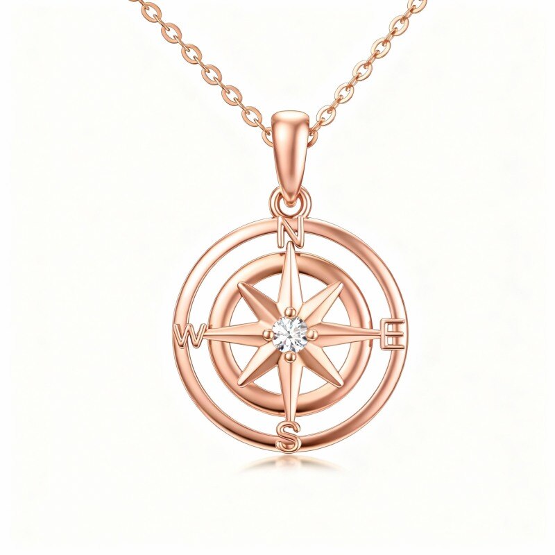 10K Rose Gold Cubic Zirconia Compass Pendant Necklace-1