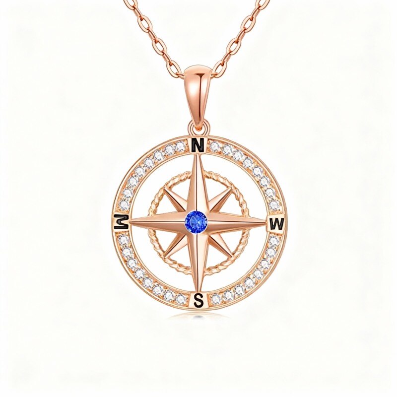 Collier pendentif boussole en or rose 18 carats et zircon cubique-1