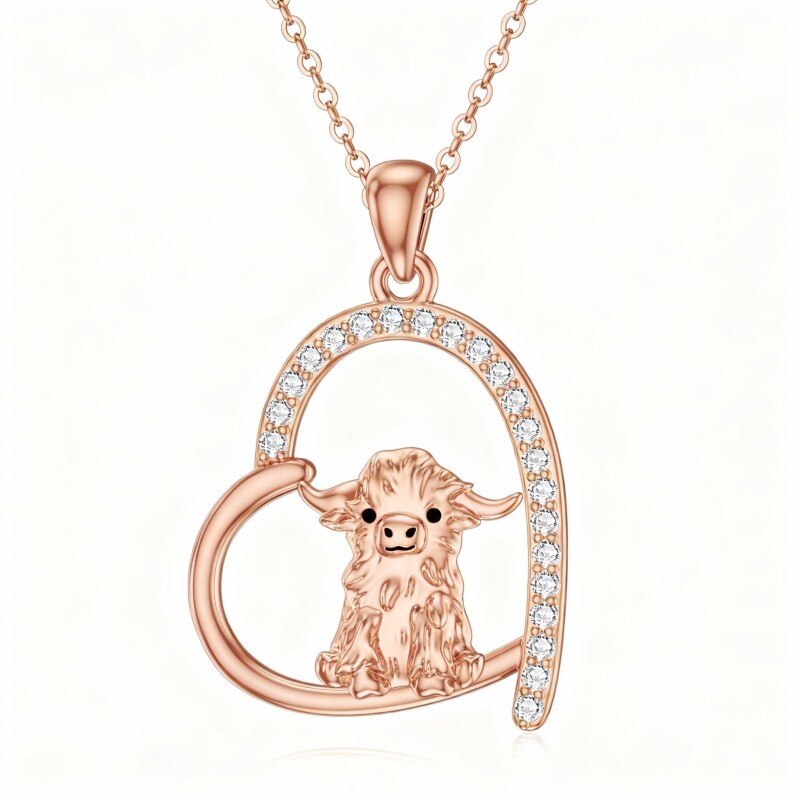 Collier pendentif vache et cœur en or rose 18 carats et zircon cubique-1