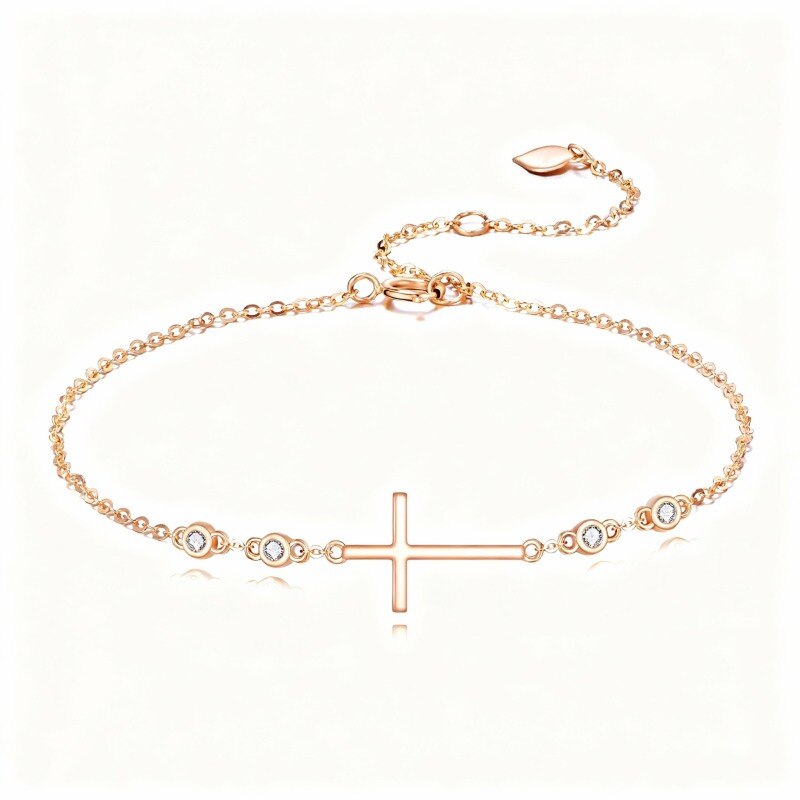 Pulsera con dije de cruz de circonita cúbica en oro rosa de 18 quilates-1