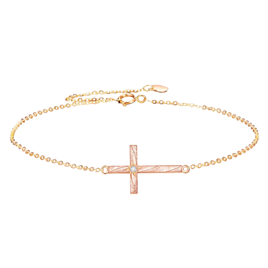 10K Rose Gold Cubic Zirconia Cross Charm Bracelet