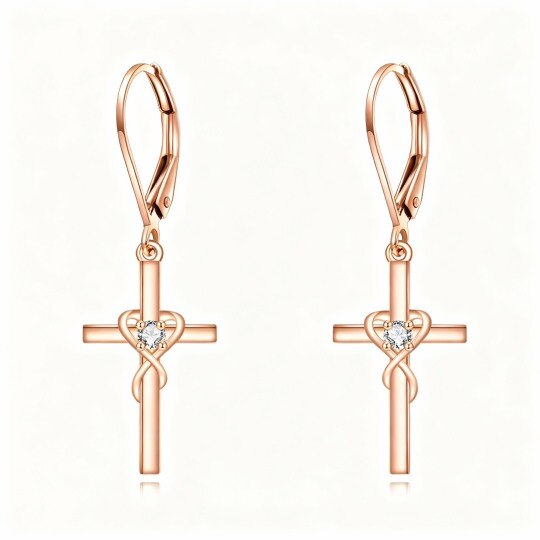 Pendientes colgantes de cruz con circonitas cúbicas en oro rosa de 10 quilates