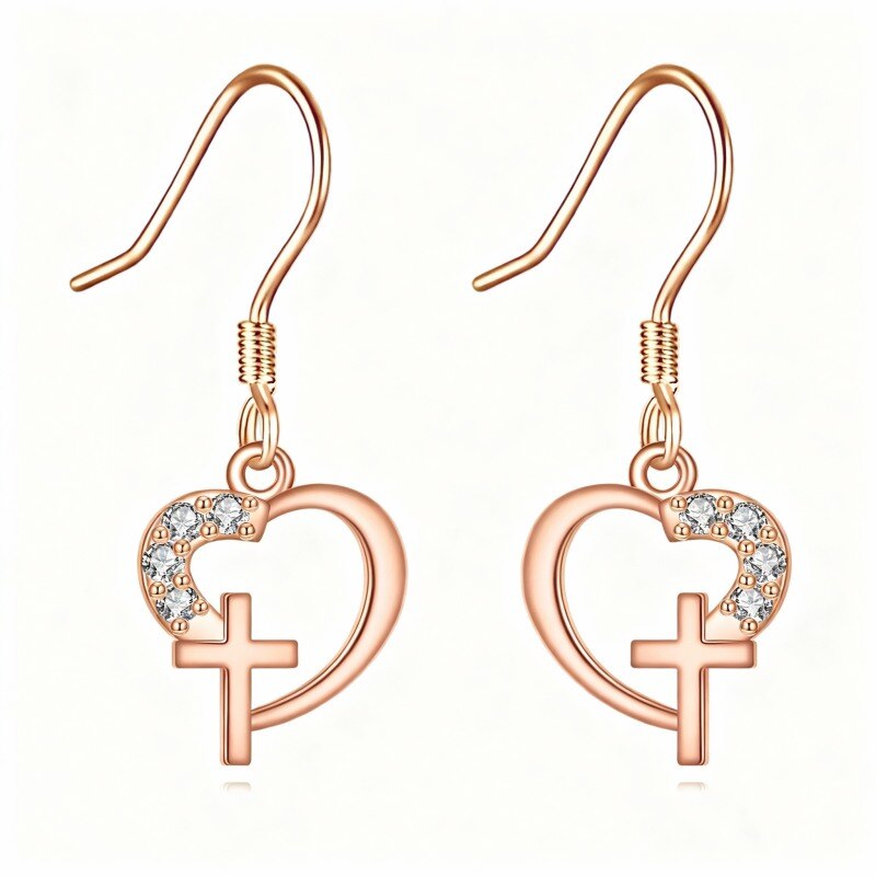 Boucles d'oreilles pendantes en or rose 14 carats avec zircon cubique en forme de croix et de cœur-1