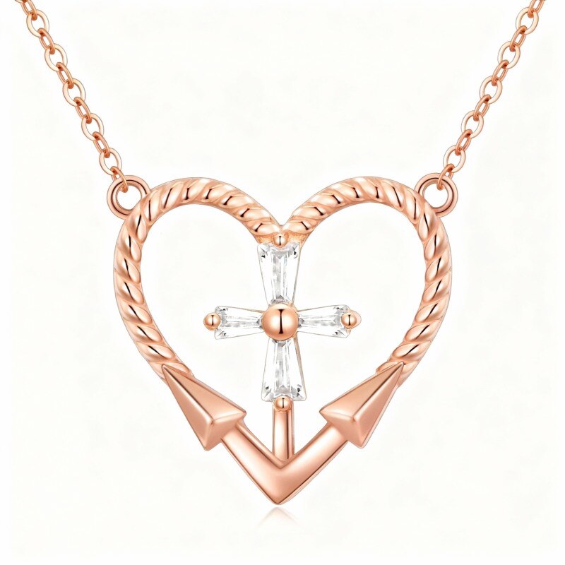 Collier pendentif croix et cœur en or rose 14 carats et zircon cubique-1