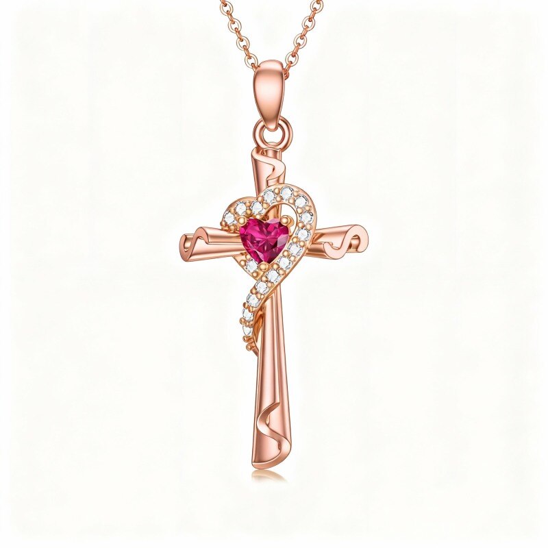 Collier pendentif croix et cœur en or rose 10 carats et zircon cubique-1
