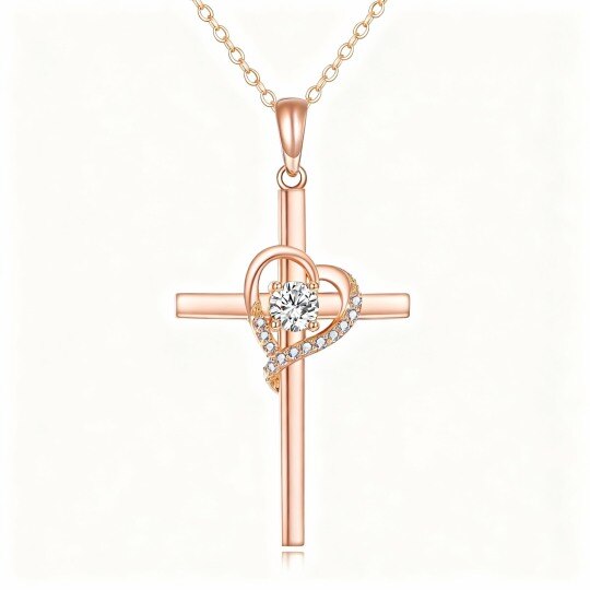 Halskette aus 10-karätigem Roségold mit Zirkonia-Kreuz- und Herzanhänger
