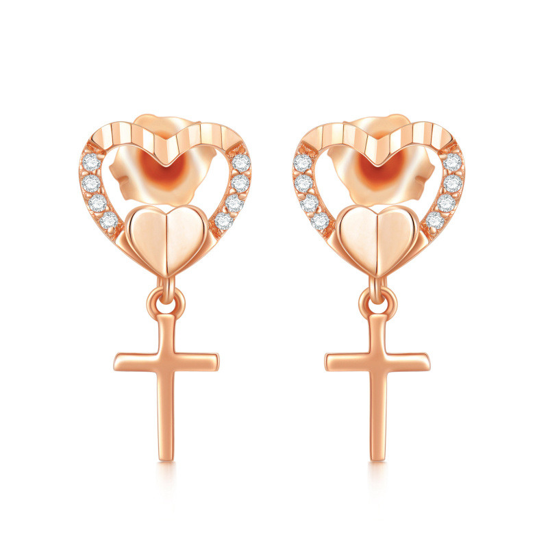 Pendientes de botón de cruz y corazón con circonitas cúbicas en oro rosa de 14 quilates-1