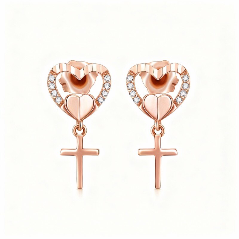 10K Rose Gold Cubic Zirconia Cross & Heart Stud Earrings-1