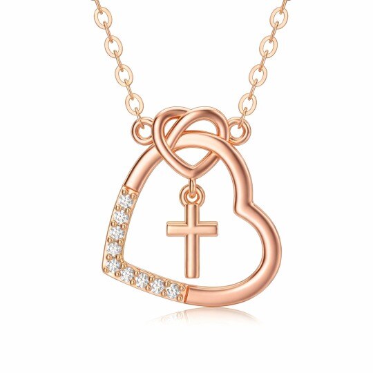 Halskette aus 10-karätigem Roségold mit Zirkonia-Kreuz und Herzanhänger
