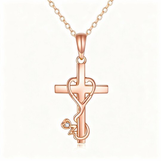 Halskette aus 9-karätigem Roségold mit Zirkonia-Kreuz und Herzanhänger sowie Herz- und Stethoskop-Anhänger