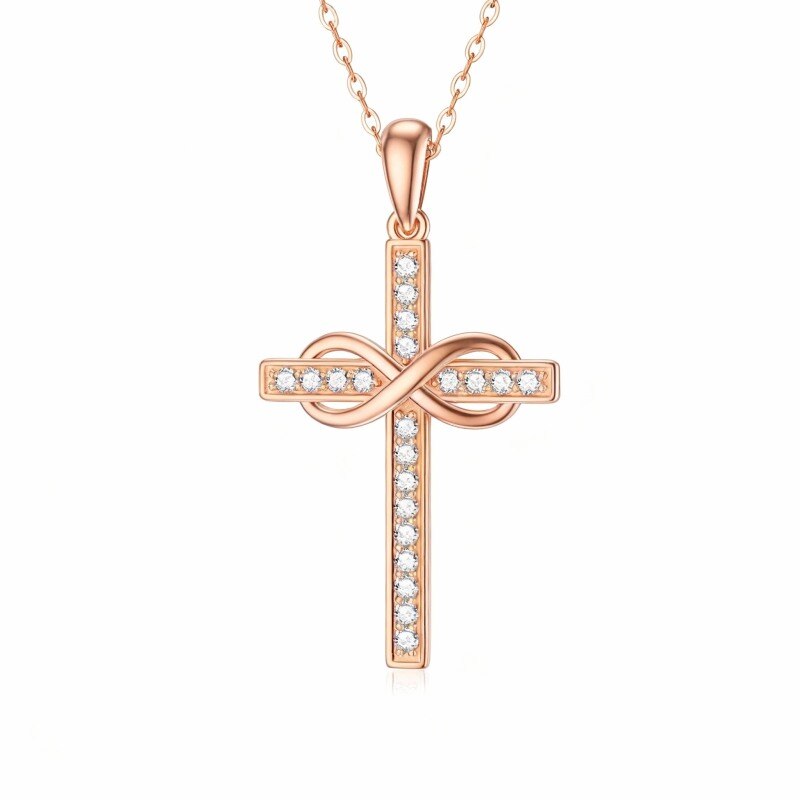 Collar con colgante de cruz y símbolo de infinito en oro rosa de 18 quilates con circonitas cúbicas-1