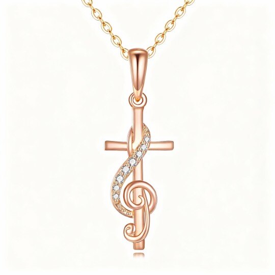 Halskette aus 10-karätigem Roségold mit Zirkonia-Kreuz und Musiksymbol-Anhänger