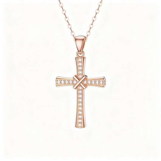 Halskette mit Kreuzanhänger aus 10-karätigem Roségold und Zirkonia
