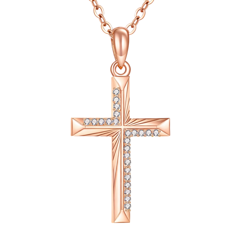 Halskette mit Kreuzanhänger aus 14-karätigem Roségold und Zirkonia-1