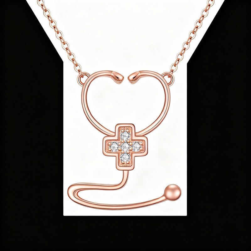10K Rose Gold Cubic Zirconia Cross & Stethoscope Pendant Necklace-1