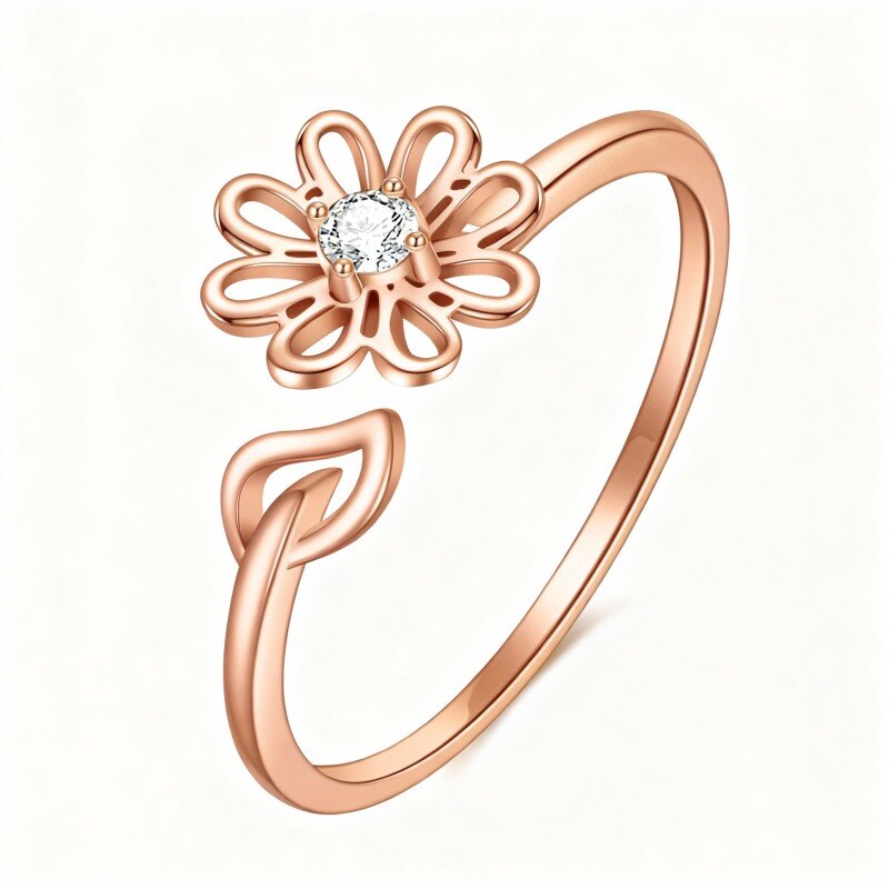 Bague ouverte marguerite en or rose 10 carats et zircon cubique-1