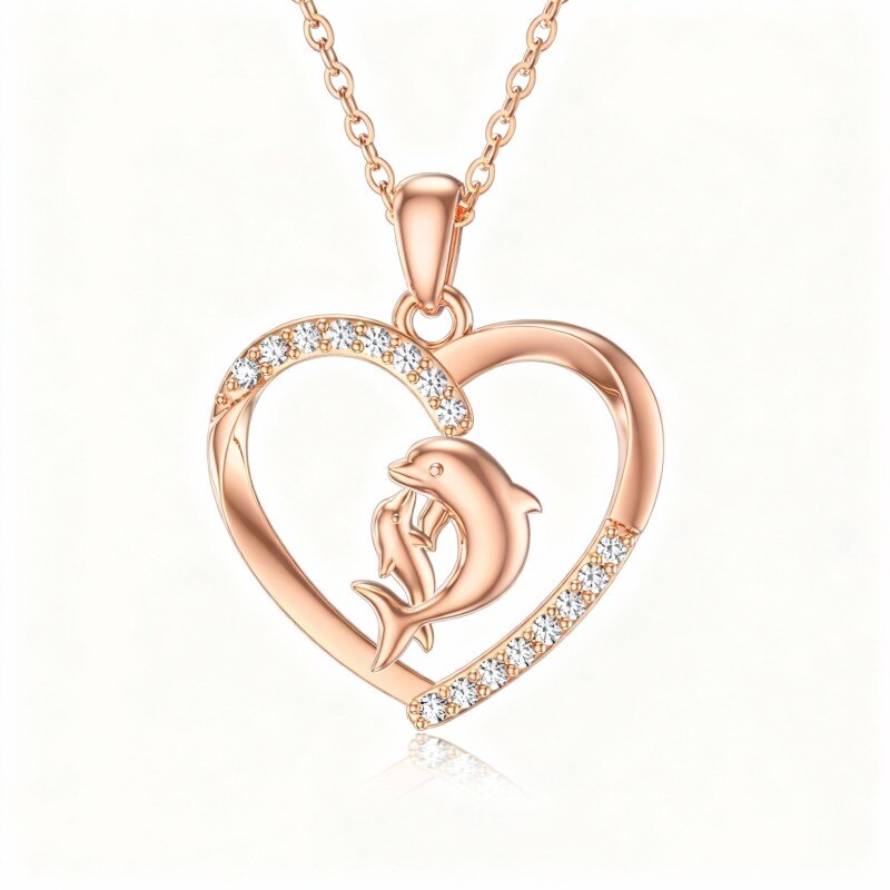 Collar con colgante de delfín y corazón de circonita cúbica en oro rosa de 14 quilates-1